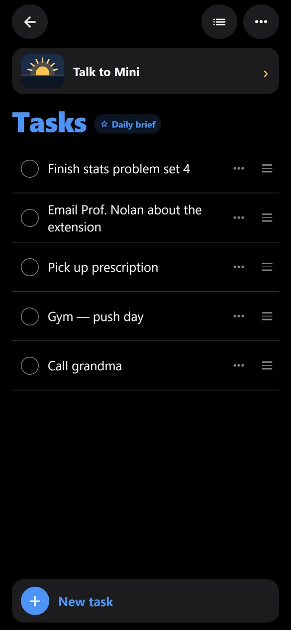 A case board on a phone listing five tasks with tick circles, and a Talk to Mini row at the top.